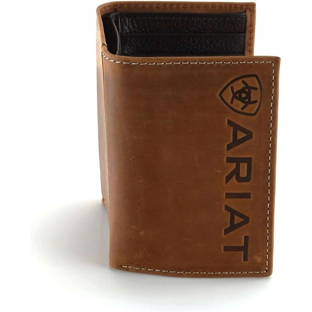 imageARIAT Mens Western Leather Trifold Wallet with Vertical Debossed Logo Brown