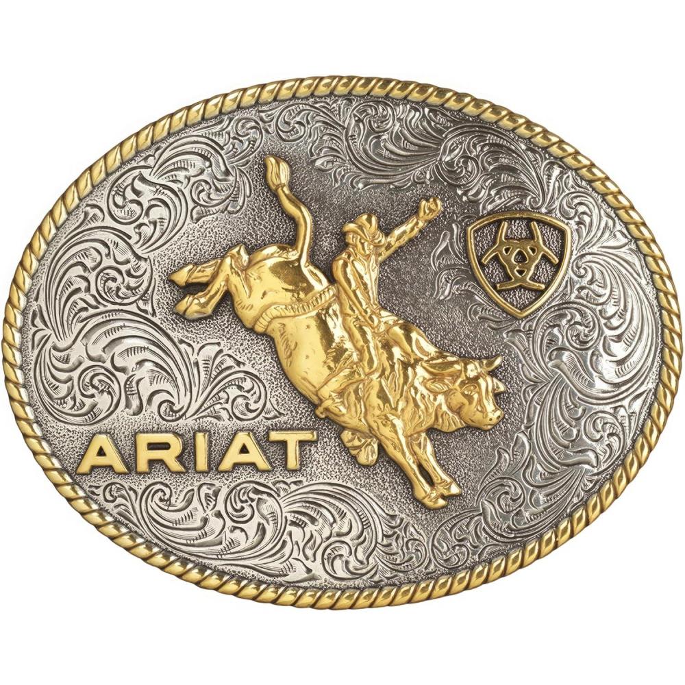 imageARIAT Oval Buckle with Bull Rider Motif Rope Edge Antique Silver and Gold Finish 4quot x 3quot