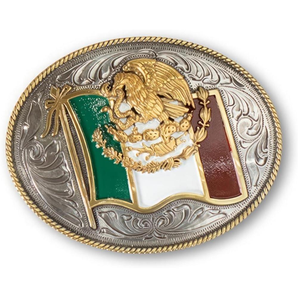 imageARIAT Oval Buckle with Mexico Flag Motif Rope Edge Detailing Antique Silver and Gold Finish 4quot x 314quot