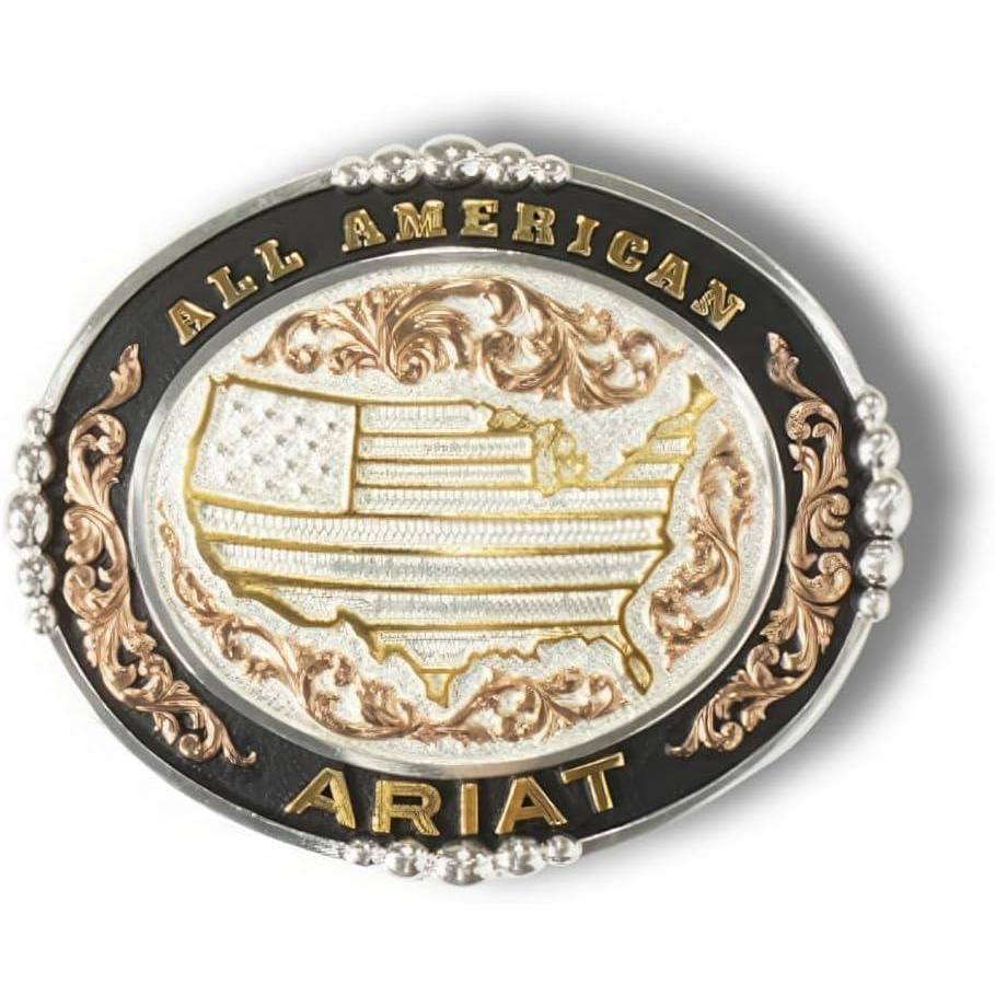 imageARIAT Oval Buckle with USA Motif AllAmerican Wording Beaded Edge Accents Silver and Gold 314quot x 4quot