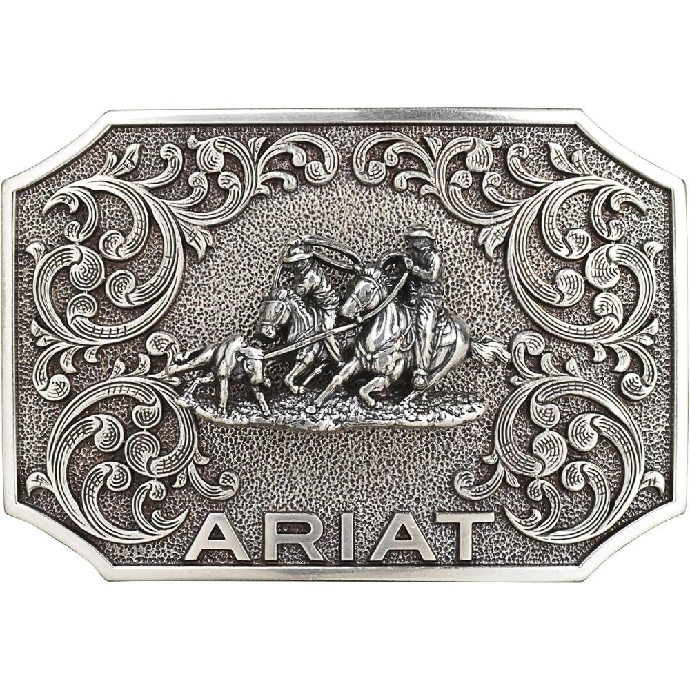 imageARIAT Rectangle Buckle with Team Roper Motif Western Scroll Design Smooth Edge 314quot x 214quot