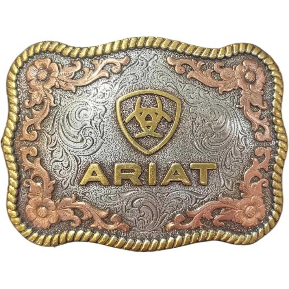 imageARIAT Rectangular Buckle with Engraved Scrolling Antique Gold Logo Rope Edge Silver and Copper Floral Accents 234quot x 334quot