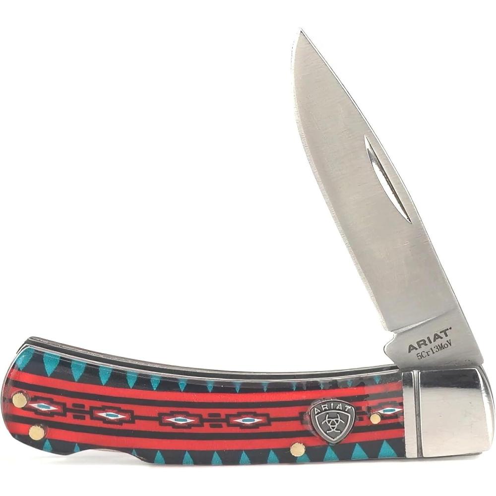 imageARIAT RedBlue Southwest Smooth Blade Folding Pocket Knife Multicolor 3 Blade LargeMulticolor Aztec