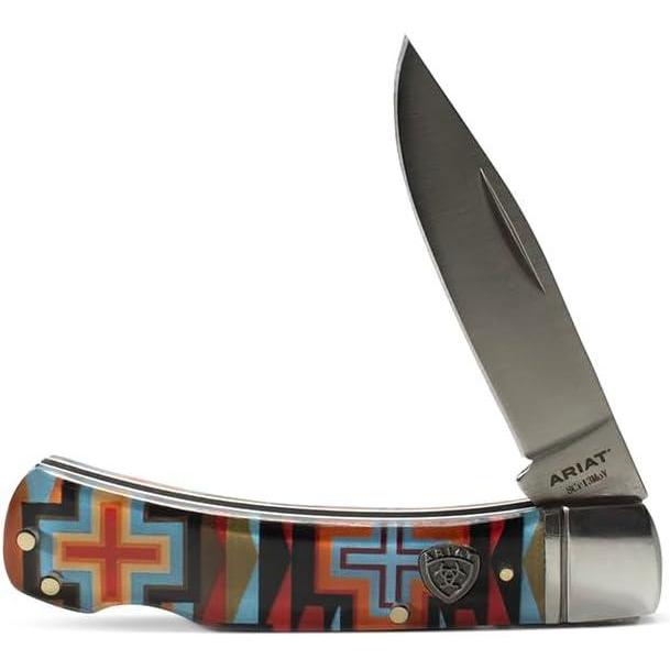 imageARIAT RedBlue Southwest Smooth Blade Folding Pocket Knife Multicolor 3 Blade LargeMulticolor Cross