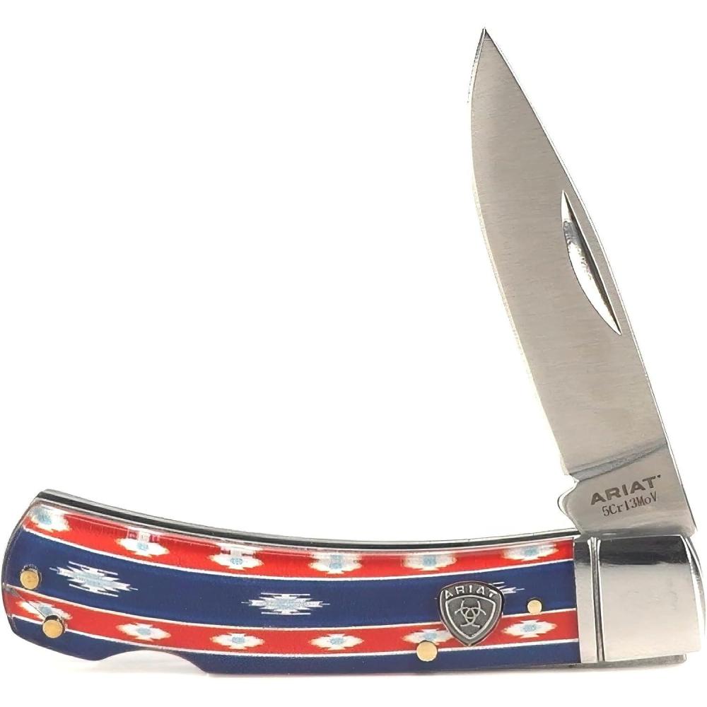 imageARIAT RedBlue Southwest Smooth Blade Folding Pocket Knife Multicolor 3 Blade LargeRed  Blue