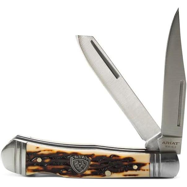 imageARIAT Trapper Lockback Pocket Knife Dual Blade 338in Brown Woodgrain HandleTan