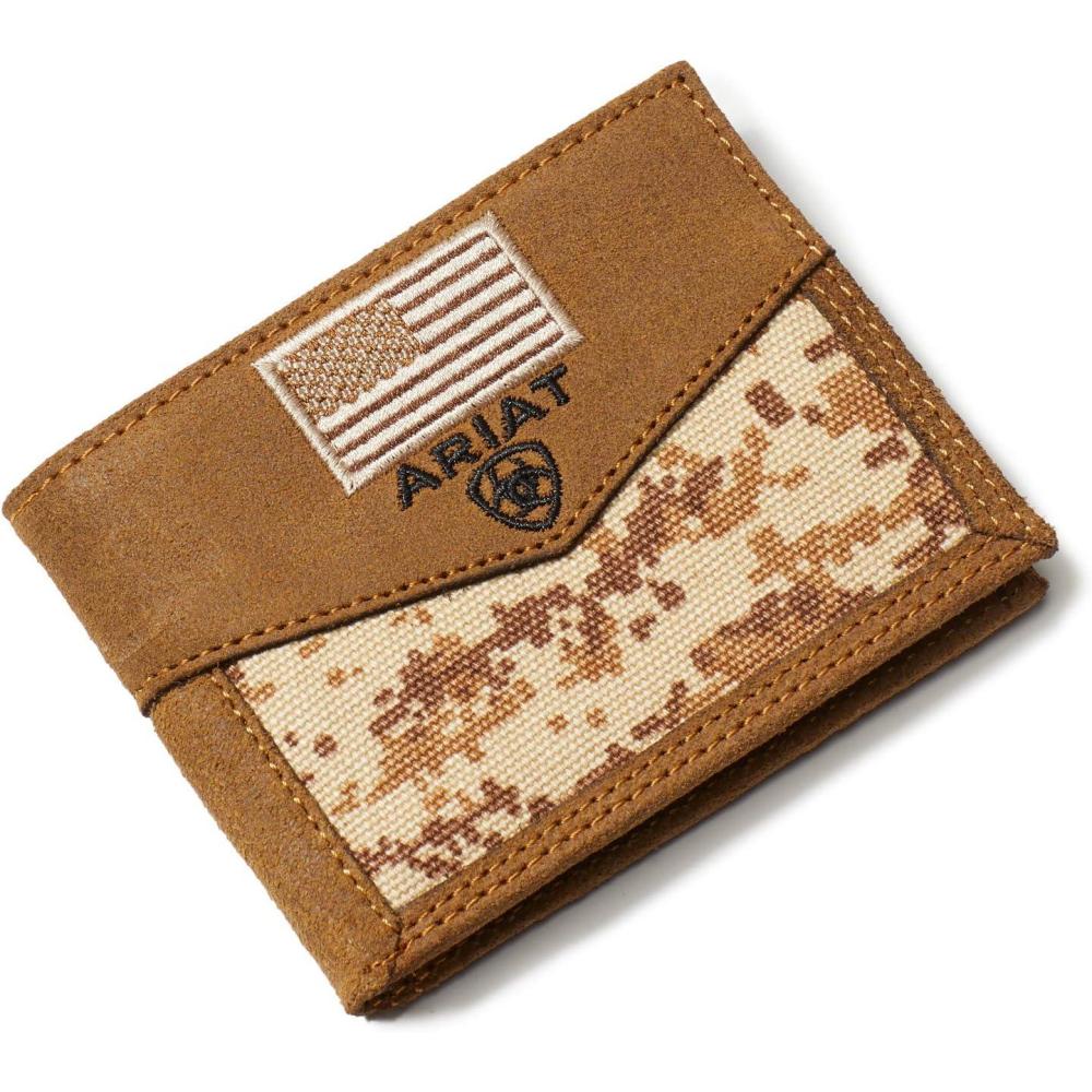 imageARIAT UnisexAdults Leather Patriot Digital Camo Bifold Wallet Lightweight BrownBrown