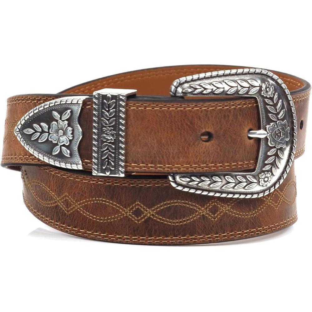 imageARIAT Womens Center Stitch Leather Tapered Belt with Removable Antiqued Silver BuckleBrown
