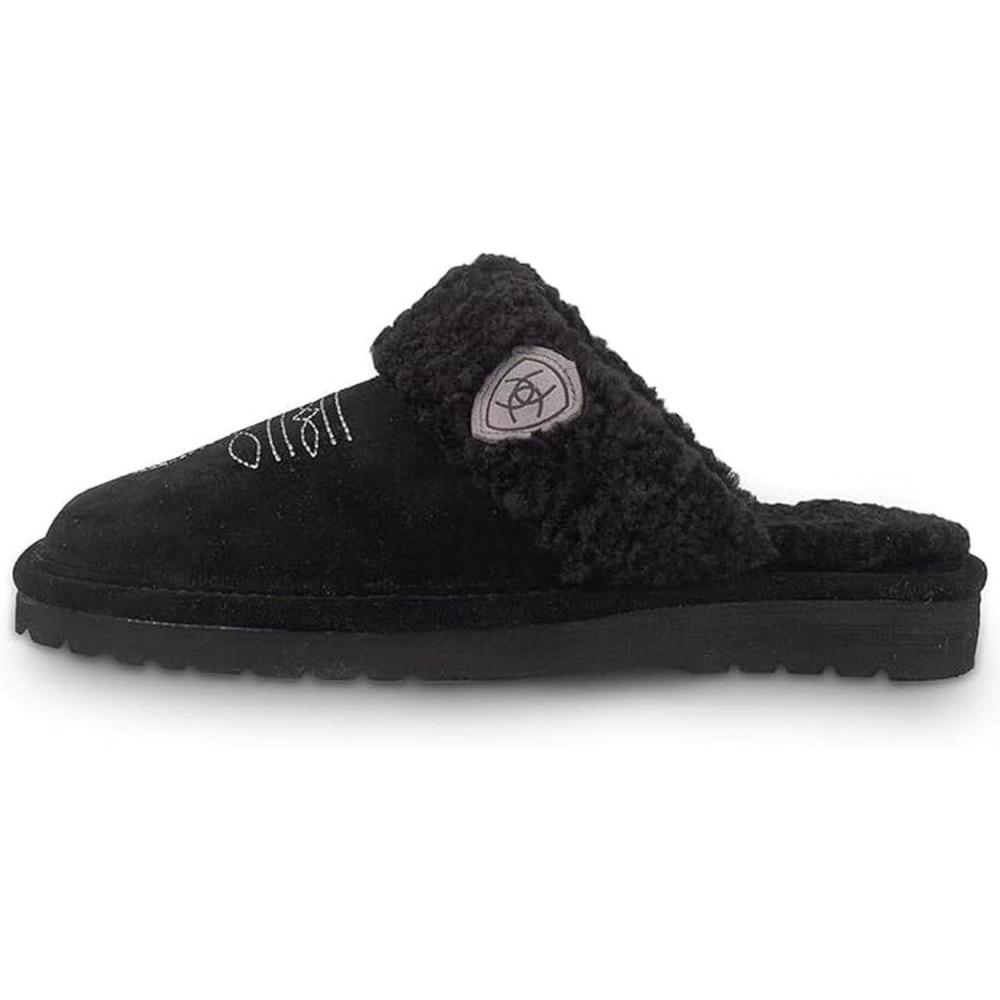 imageARIAT Womens Jackie Square Toe Warm Soft Genuine Suede Leather Indoor Outdoor Slippers with Plush CollarBlack