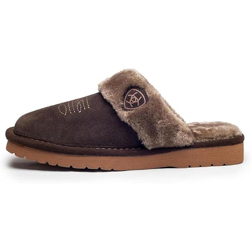 imageARIAT Womens Jackie Square Toe Warm Soft Genuine Suede Leather Indoor Outdoor Slippers with Plush CollarChocolate