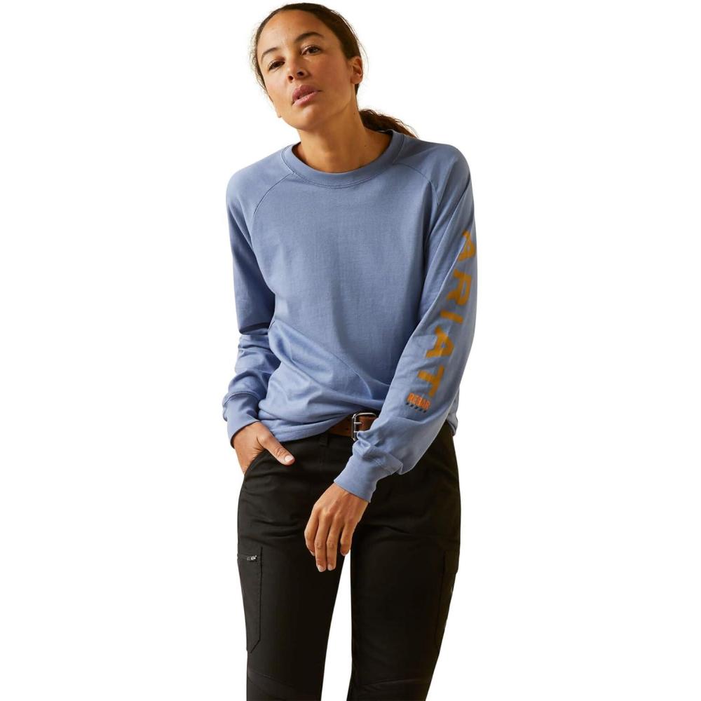 imageARIAT Womens Rebar Cotton Strong Logo GraphicColony Blue Harvest