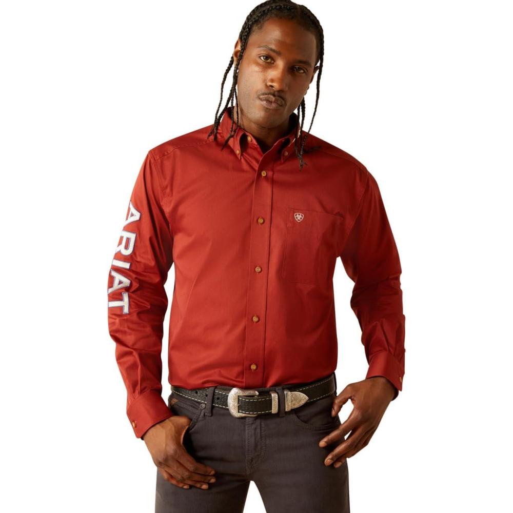 imageAriat Mens Team Logo Twill Classic Fit ShirtDark RedKhaki