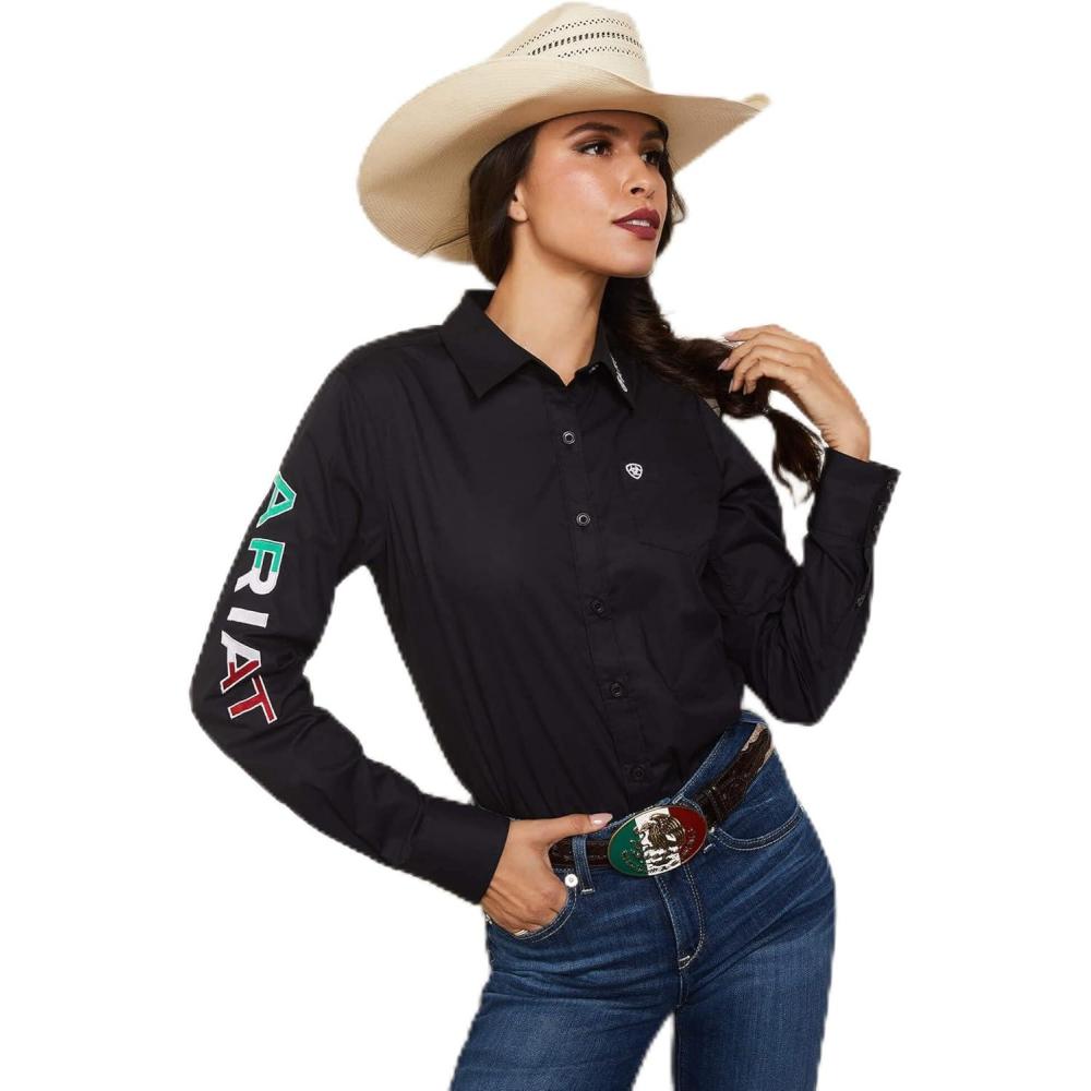 imageAriat Womens Kirby Pro Tawny Port ShirtBlack W Mexico Flag Emb
