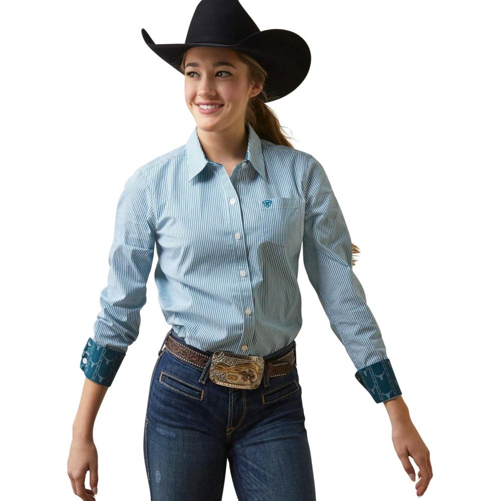 imageAriat Womens Kirby Stretch ShirtCrystal Teal Stripe