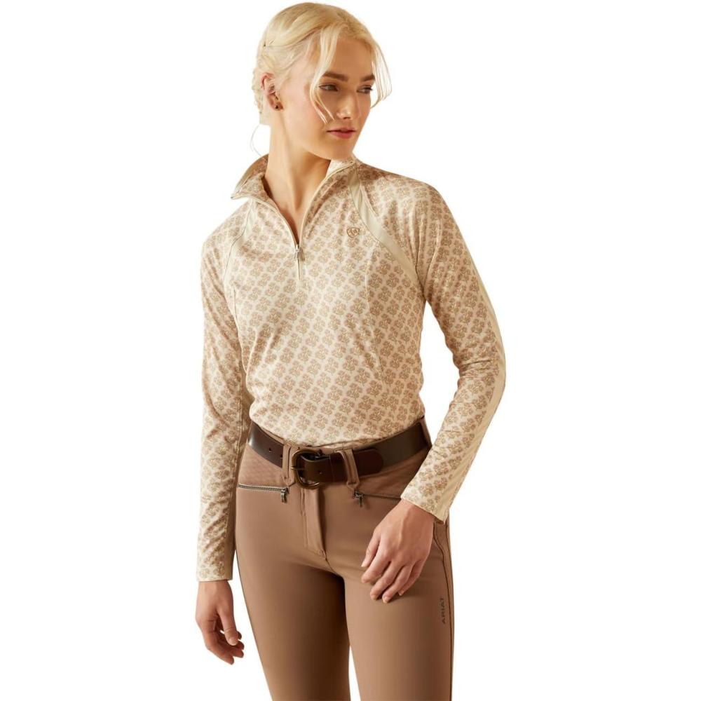 imageAriat Womens Sunstopper 30 14 Zip Baselayer North Atlantic Dot XSmallAlmond Milk