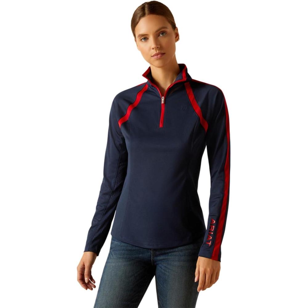 imageAriat Womens Sunstopper 30 14 Zip Baselayer North Atlantic Dot XSmallNavyRed