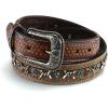 ARIAT Men’s Embossed Leather Belt with Barbed Wire Accents and Blue Crystals(Brown)