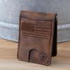 ARIAT Men’s Wallet, Brown Genuine Leather, Money Clip Style, Distressed USA Flag, Shield Logo, Card Slots, ID Window(Brown)