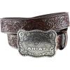 ARIAT Men’s Floral Embossed Leather Belt with Antiqued Silver Cowboy Buckle(Black/Tan)