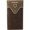 ARIAT Men’s Rodeo Wallet, Distressed Leather, Ivory Trim, Embroidered Lettering with Cutout Shield Logo, Multiple Compartments, ID Slot(Brown)