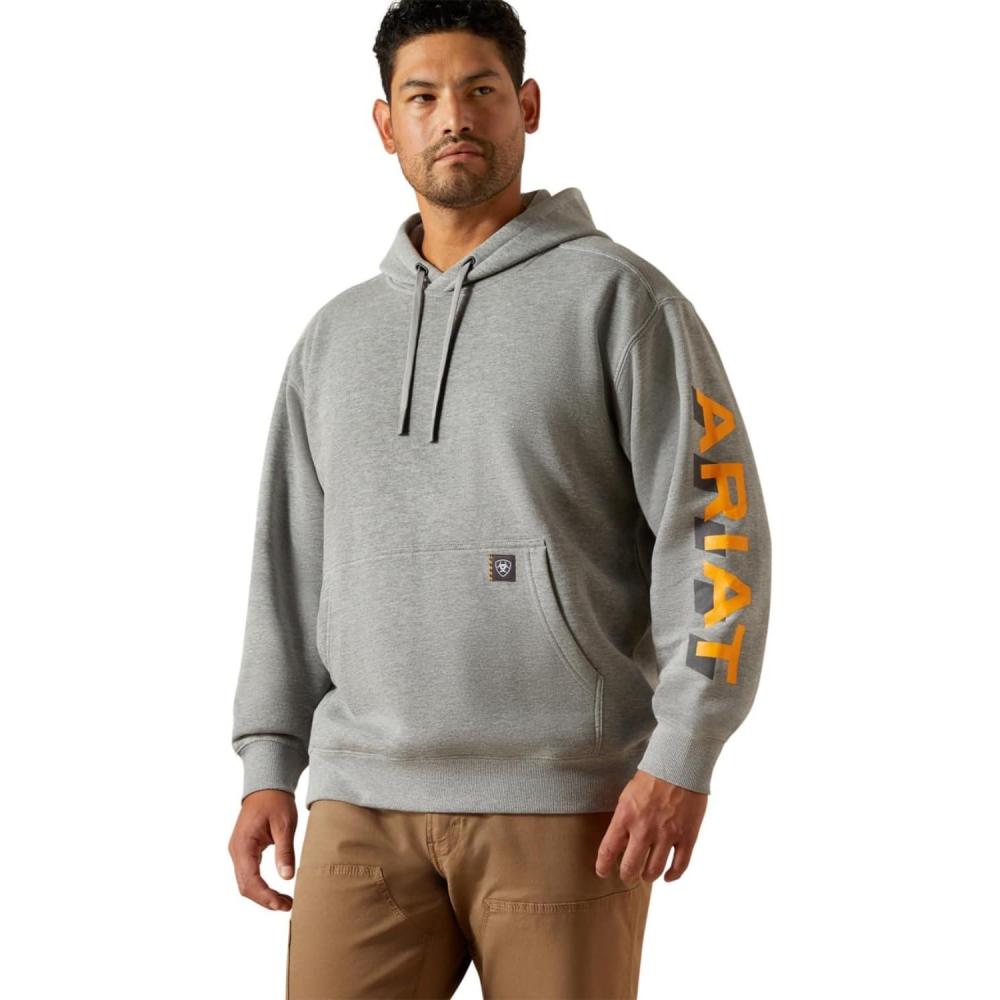imageARIAT mens Rebar Lightweight Logo HoodieHeather GreyRebar Orange