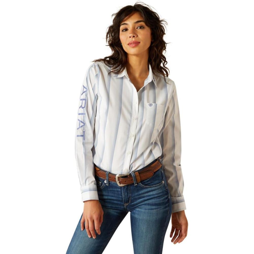 imageAriat Womens Kirby Fitted ButtonDown ShirtFaded Ombre Blue Stripe