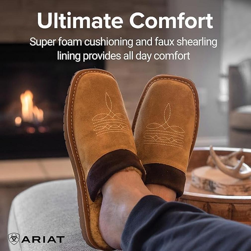 imageARIAT Mens 2842 Silversmith Outdoor Indoor Western Suede Foam Cushioned Square Toe SlipperChestnutChocolate