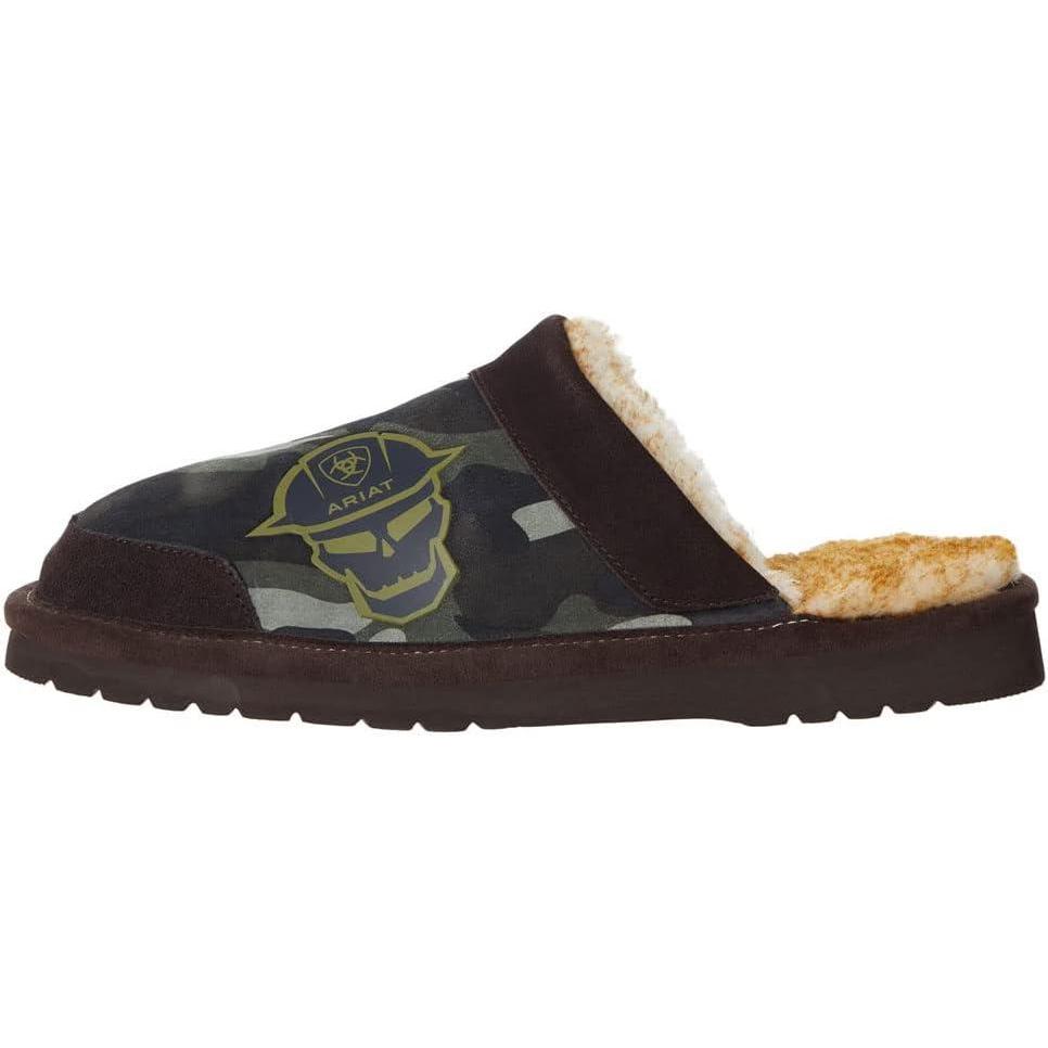 imageARIAT Mens 2842 Silversmith Outdoor Indoor Western Suede Foam Cushioned Square Toe SlipperCamoSkull