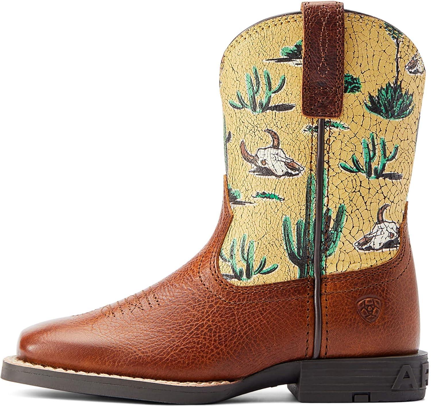 imageARIAT UnisexChild Round Up Wide Square Toe Easy Fit Western BootSpiced CiderDesert Scene