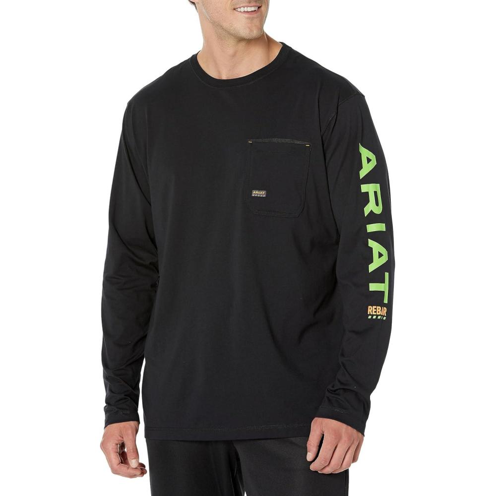 imageARIAT Mens Rebar Workman Logo Long Sleeve CrewBlackLime