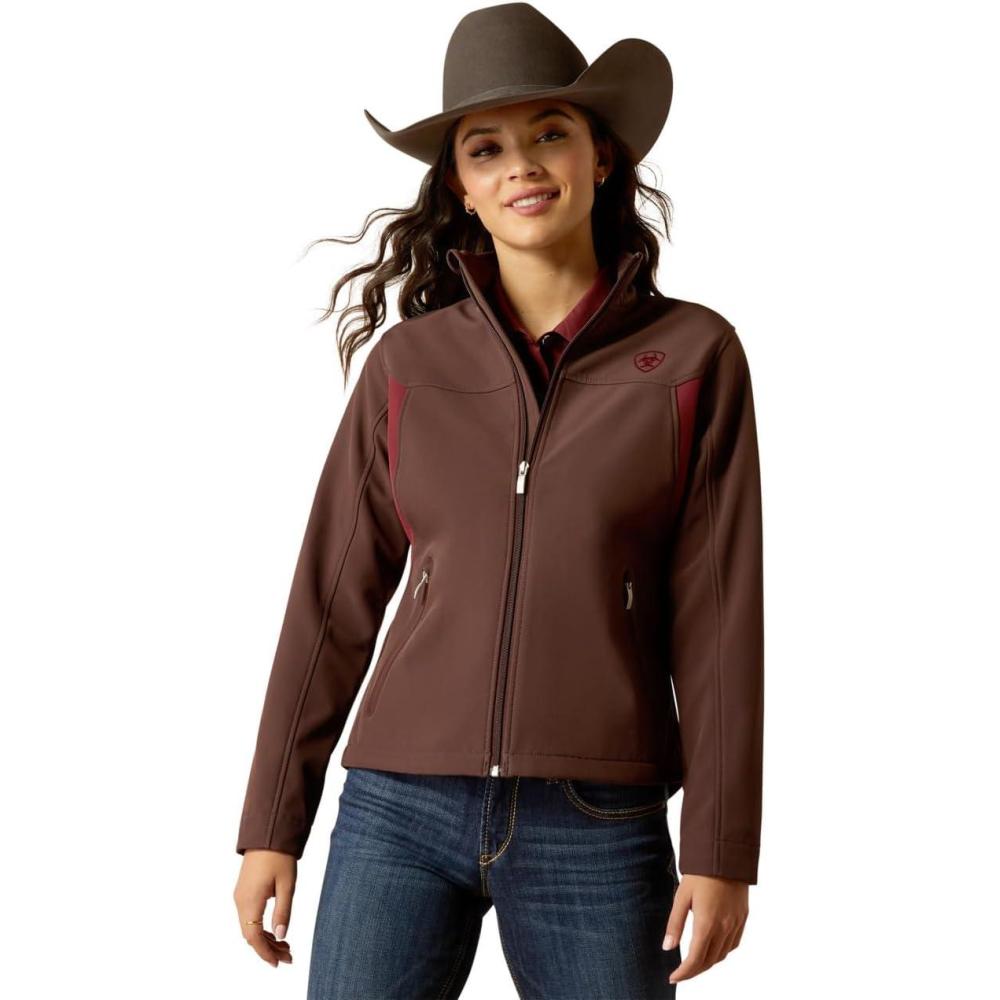 imageARIAT Womens New Team Softshell Jacket BlackChocolate PlumTawny Port