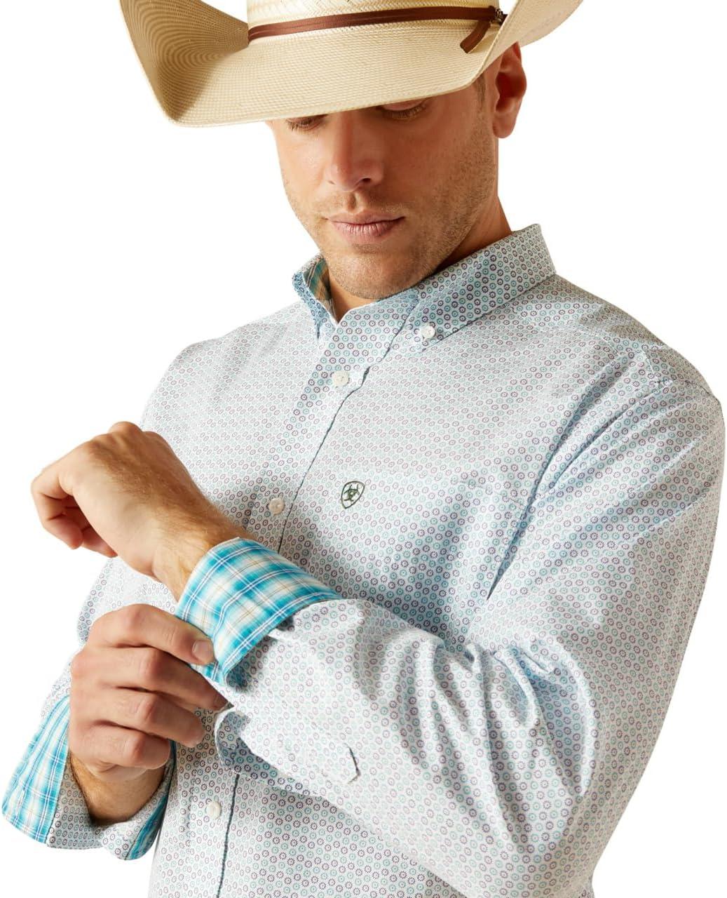 imageARIAT White with Blue and Print Kolton Classic Fit Wrinkle Free Collared Mens Button Down Longsleeve Shirt 10051239White