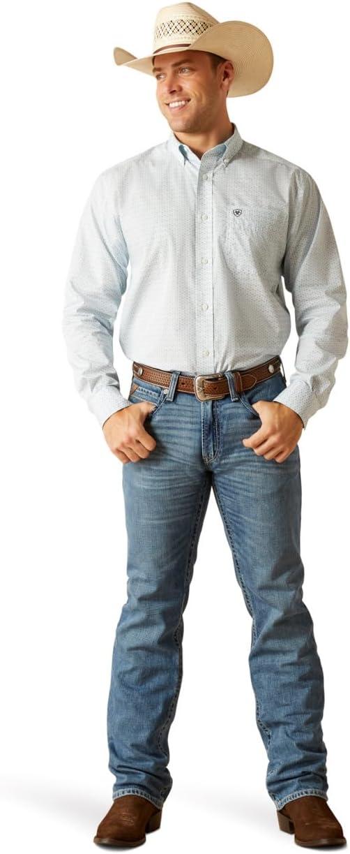 imageARIAT White with Blue and Print Kolton Classic Fit Wrinkle Free Collared Mens Button Down Longsleeve Shirt 10051239White