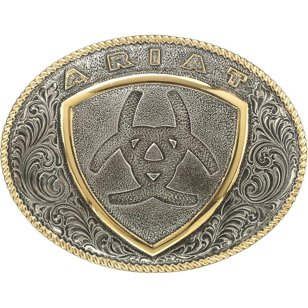 imageARIAT Oval Buckle with Shield Logo Dual Antique Silver and Gold Finish 3quot x 334quot