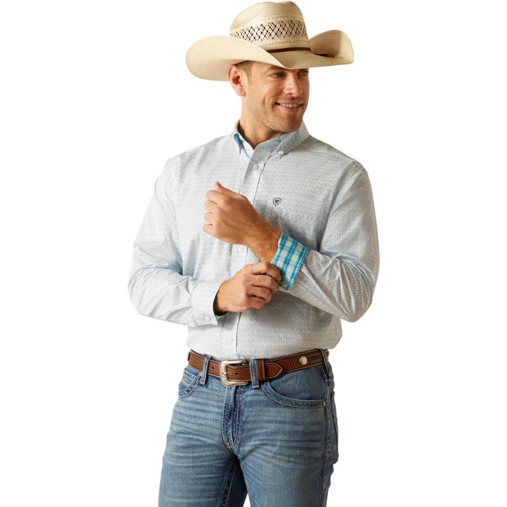 imageARIAT White with Blue and Print Kolton Classic Fit Wrinkle Free Collared Mens Button Down Longsleeve Shirt 10051239White