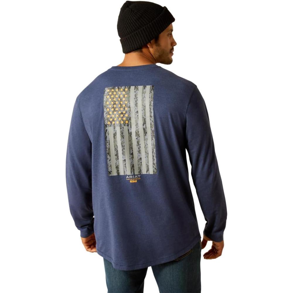 imageARIAT Mens Rebar Workman Reflective Flag Graphic TShirtNavy Heather